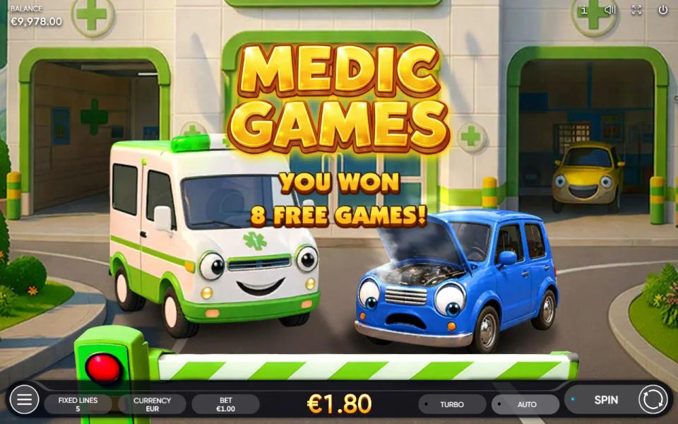 Lucky Stamps MEDIC GAMES screen announcing 8 free games, with the smiling ambulance beside a broken-down blue car