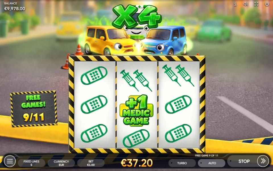 Lucky Stamps free spins with a green +1 MEDIC GAME symbol landing in the centre of the reels at an x4 multiplier