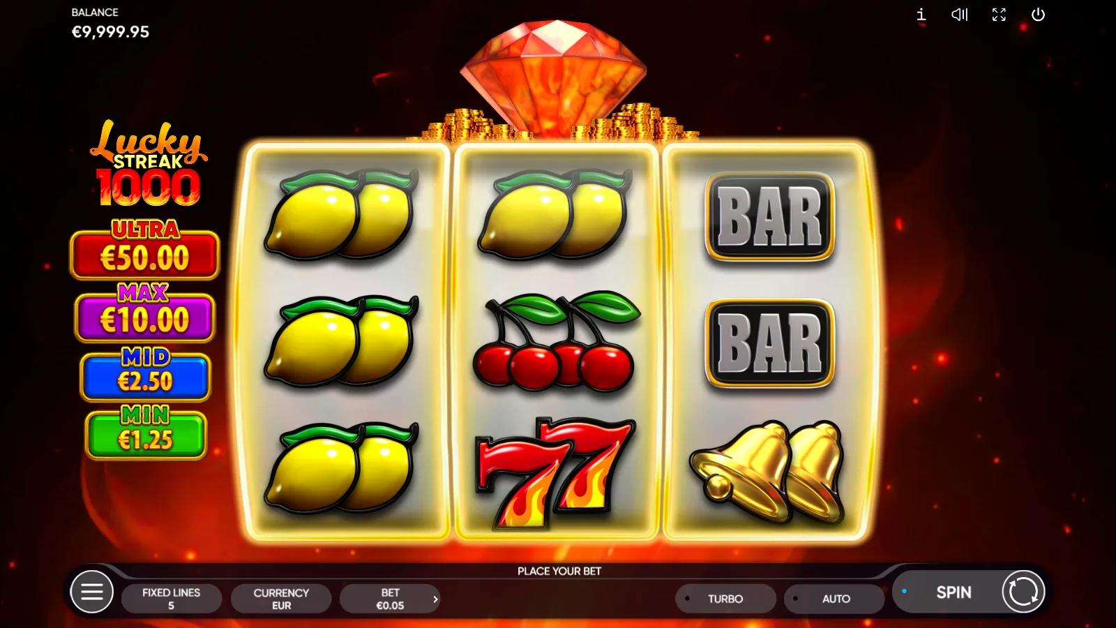 Lucky Streak 1000 gameplay showing 3x3 reels with cherries, a flaming 7 and BAR beside the MIN/MID/MAX/ULTRA jackpots