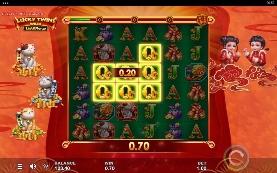 Lucky Twins Wilds Link & Merge 6x6 grid with a seven-Queen cluster lit up and paying 0.20, three Fortune Cats on the left and two children on the right
