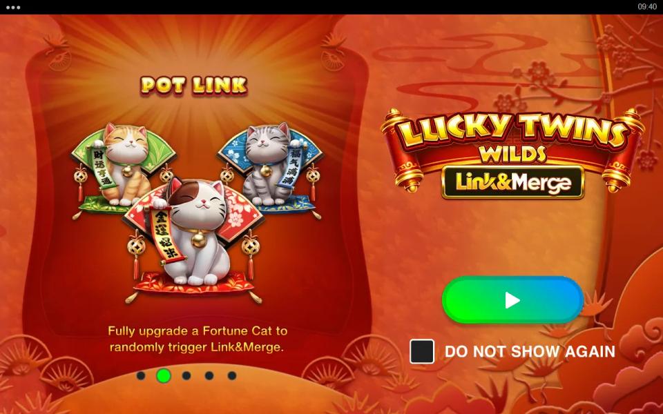 Pot Link intro screen showing the orange, calico and grey Fortune Cats on fans and cushions