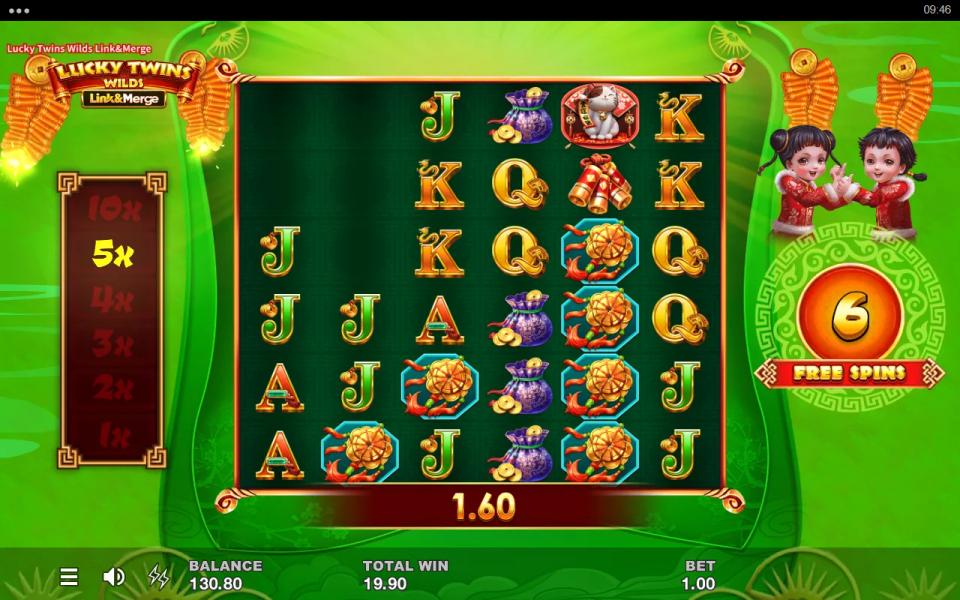 Free spin with the Multiplier Trail lit at 5x and a spin total of 1.60, six free spins left