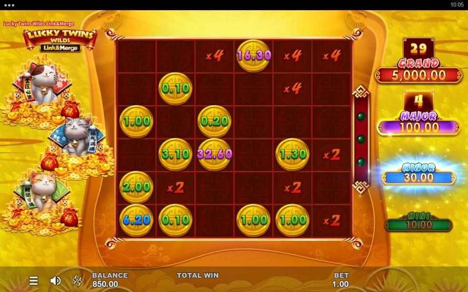 Link & Merge coin board with merged 16.30 and 32.60 coins, x2 and x4 multiplier cells and the Minor jackpot lit