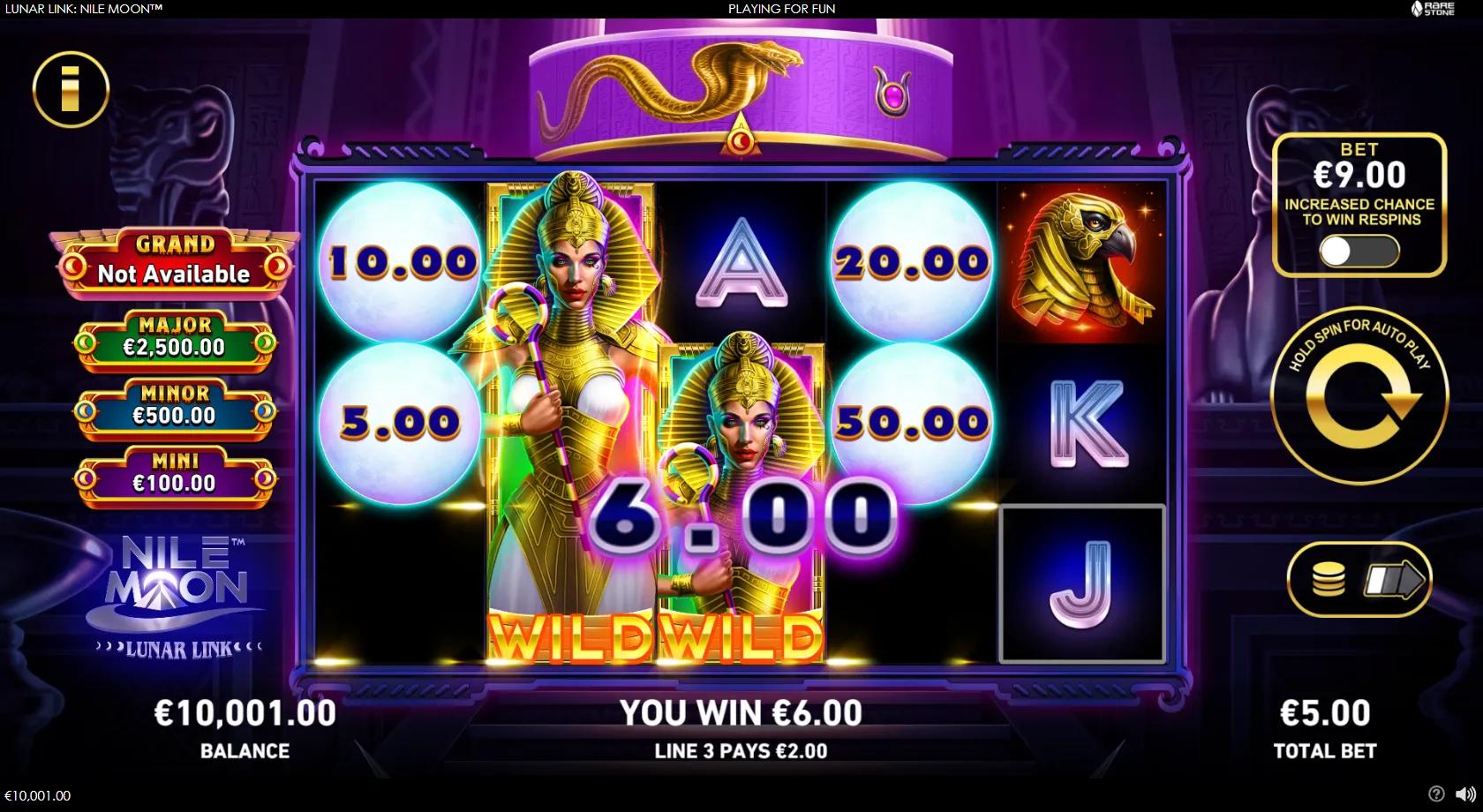 Lunar Link: Nile Moon slot gameplay with moon orbs on the reels, a deep purple temple background and Anubis jackal statues