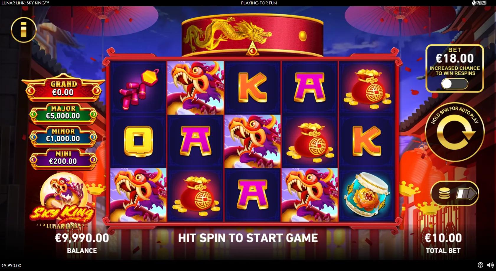 Lunar Link: Sky King gameplay showing a 5x3 Lunar New Year grid with drums, money bags and glowing Moon prize coins