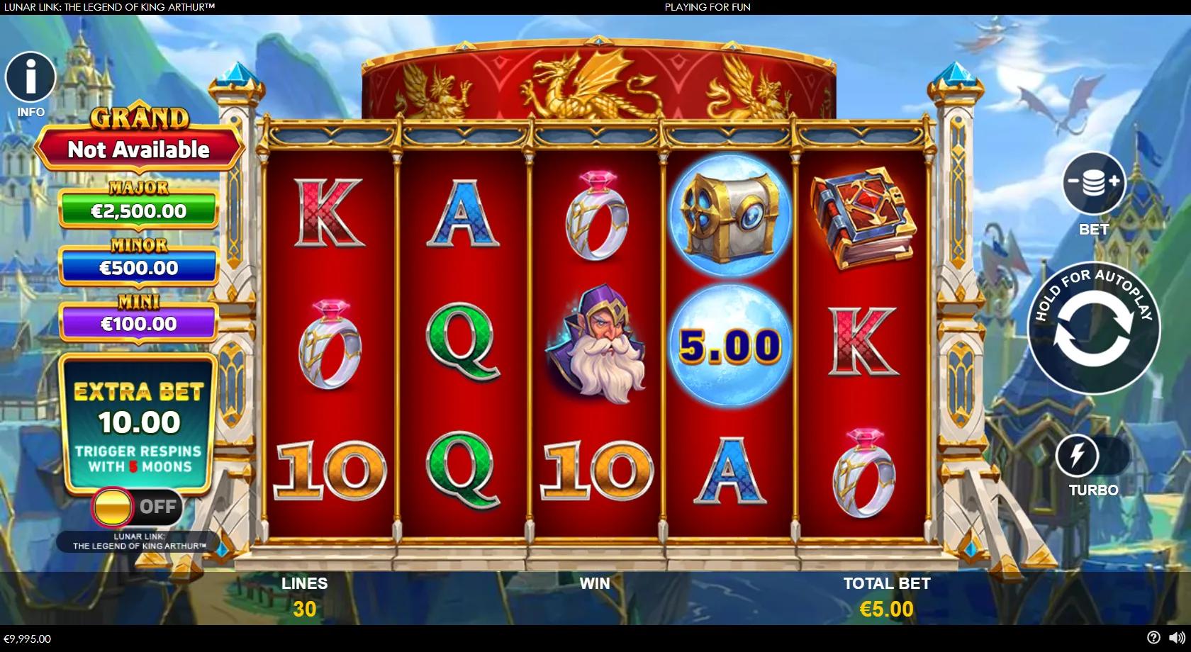 Lunar Link The Legend of King Arthur slot gameplay showing a 5x3 Camelot grid with King Arthur wild, Merlin, treasure chest and crown symbols, glowing blue moon cash coins and a jackpot ladder