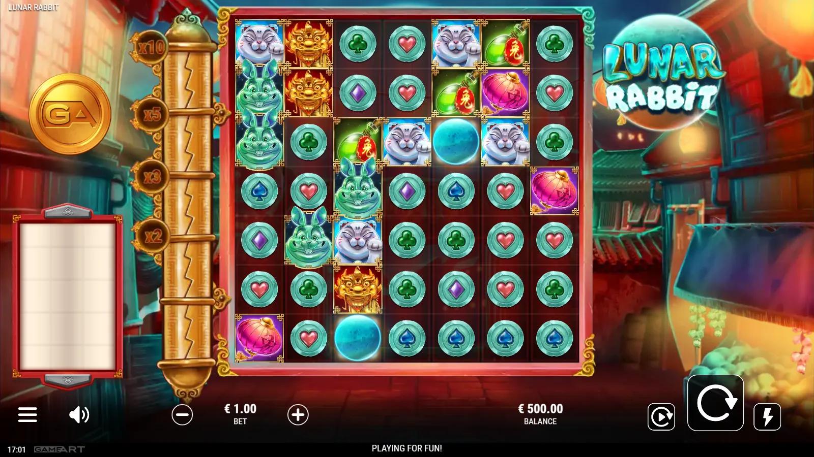 Lunar Rabbit slot gameplay showing the 7x7 cluster grid with rabbit and card-suit gem symbols on a lantern-lit lunar street