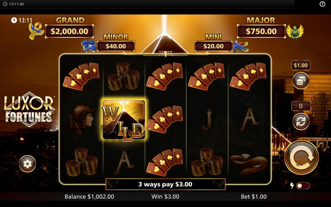Luxor Fortunes gameplay showing 5x3 ways grid with Egyptian premium symbols and four-tier jackpot meter across the top