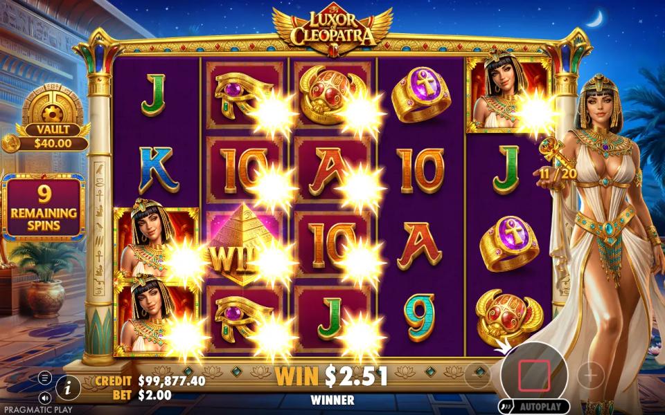A Luxor of Cleopatra free spin with the vault meter at 40.00 and eleven of twenty grid positions keyed