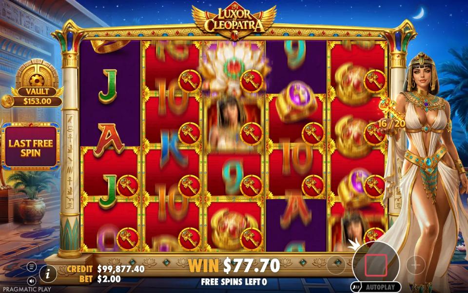 The last free spin of a Luxor of Cleopatra bonus round with the vault at 153.00 and sixteen of twenty positions keyed