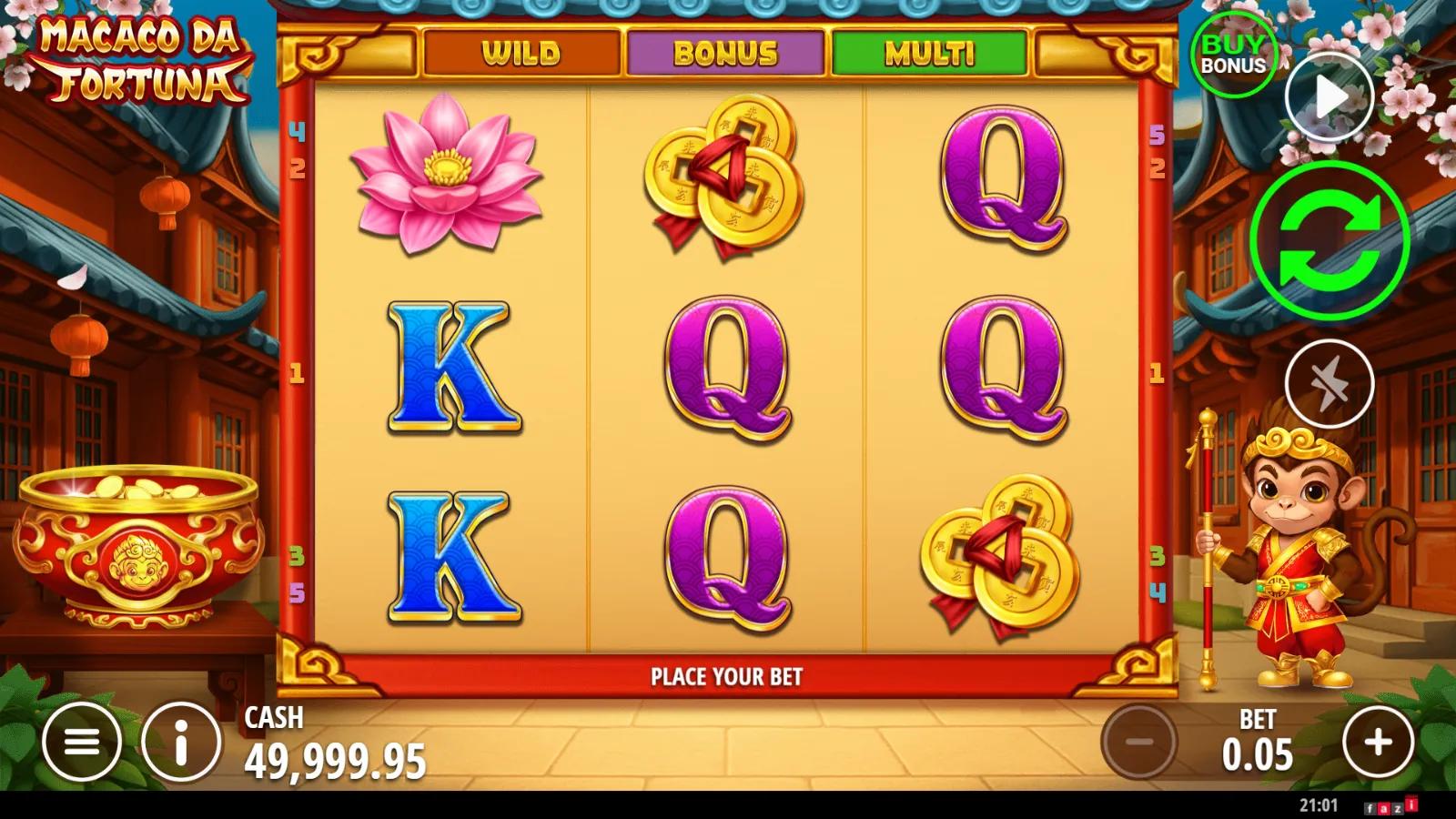 Macaco da Fortuna slot gameplay showing 3x3 grid with gold coins, royal symbols and the Monkey King wild