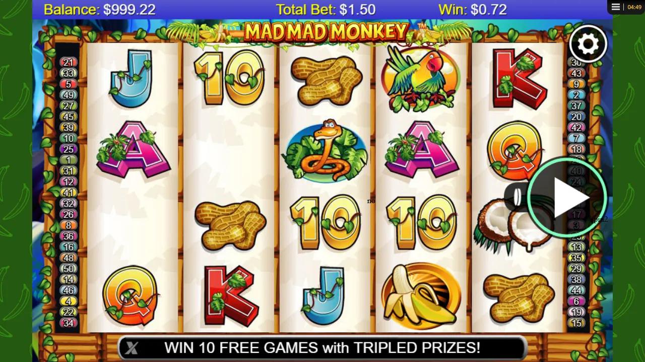 Mad Mad Monkey slot gameplay showing 5x3 jungle grid with gold monkey idol, tiki mask and card royals on green reels