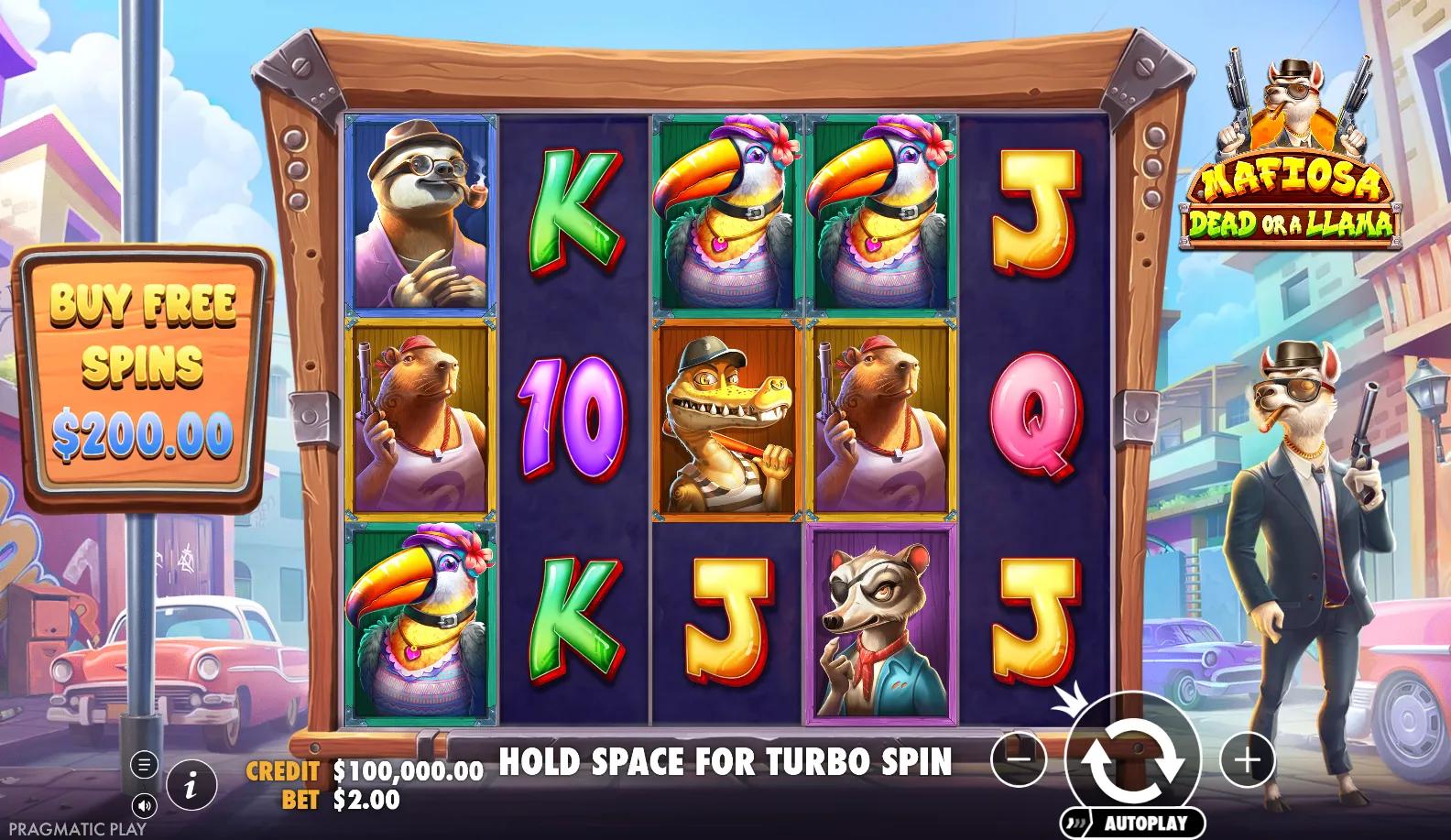 Mafiosa Dead or a Llama by Pragmatic Play with Buy Bonus on Animals-themed reels