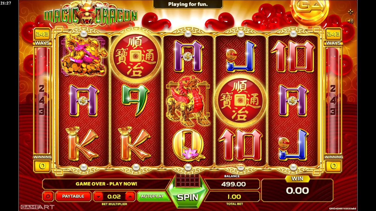 Magic Dragon slot gameplay showing the 5x3 reels with red, green and blue dragons, gold ingots and lotus symbols across 243 ways