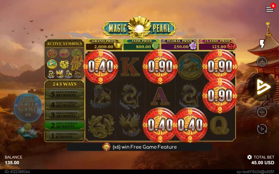 Six red BONUS coins on the Magic Pearl reels, each showing its own cash value, starting the Feature Selector after Buy Free Game