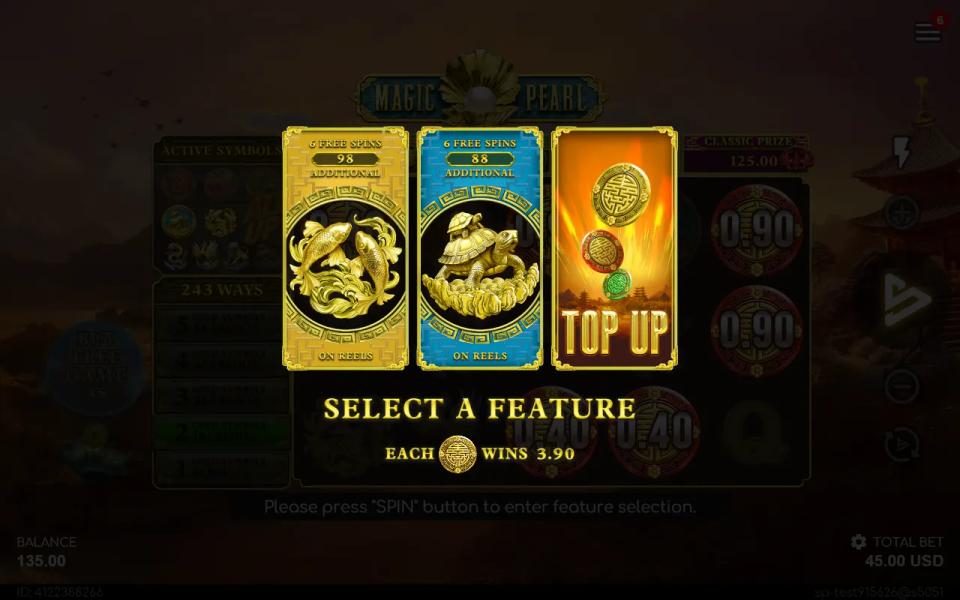 Magic Pearl Feature Selector offering two free-games cards with extra koi or extra turtles, and the Top Up card