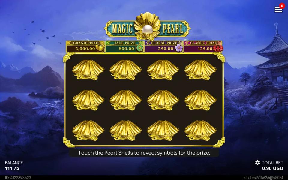 Twelve closed pearl shells in a grid under the Grand, Jade, Floral and Classic prize panels of the Magic Prize Feature