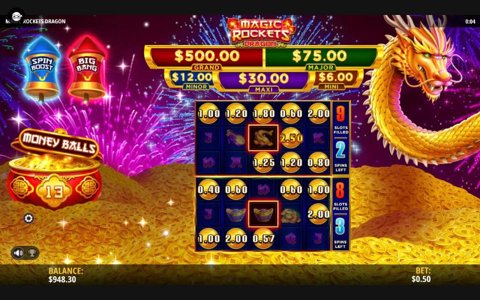 The combined rocket bonus running on multiple boards with the money balls pot at thirteen