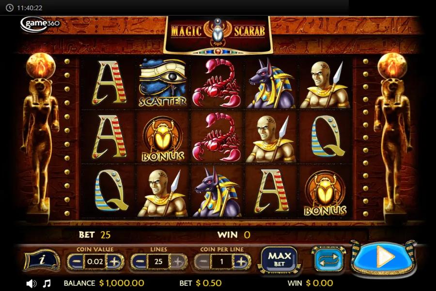 Magic Scarab slot gameplay showing 5x3 Egyptian reels with Eye of Ra Scatter, golden scarab Bonus and Anubis symbols