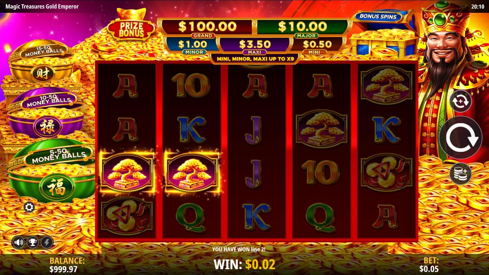 Magic Treasures Gold Emperor slot gameplay showing 5x4 grid with money tree and gold ingot symbols and jackpot ladder