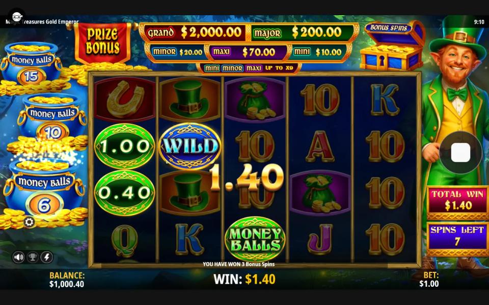Bonus Spins round with a Bonus Spins wild on reel 2 and a green Money Balls symbol on reel 3 linking money balls on reel 1, three extra spins awarded