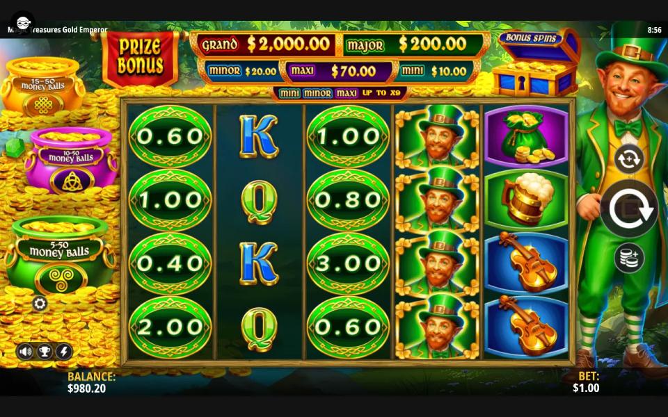 Base game board with money balls filling reels 1 and 3 and leprechauns on reel 4, while reel 2 holds only royals, no win