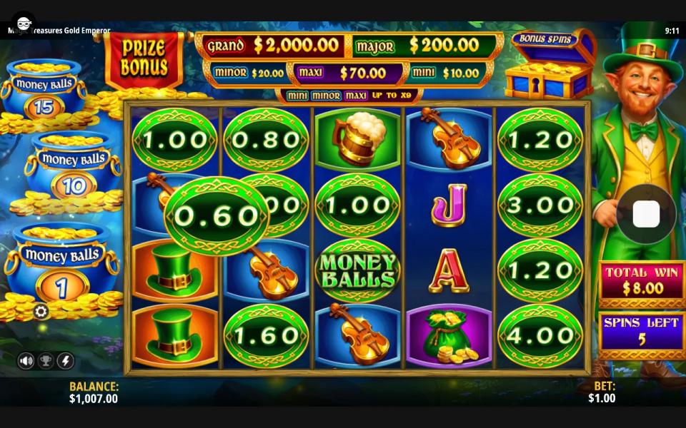 Money Balls Bonus inside the free spins, the green pot dropping money balls onto the reels with values on reels 1, 2, 3 and 5