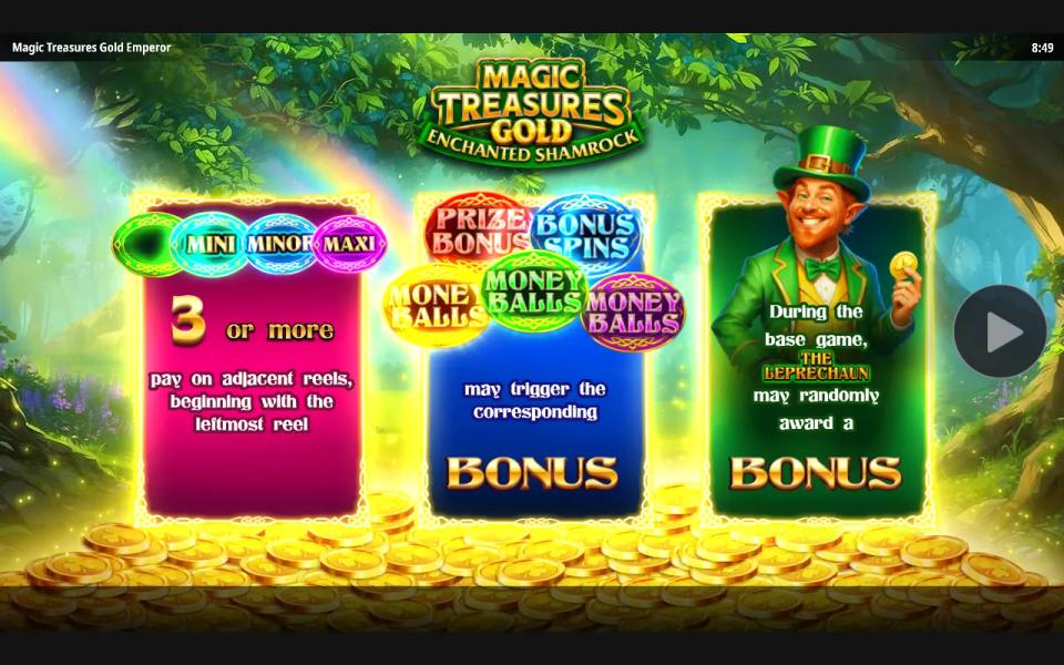 Magic Treasures Gold Enchanted Shamrock splash screen with three panels explaining the collect, the bonus symbols and the leprechaun award