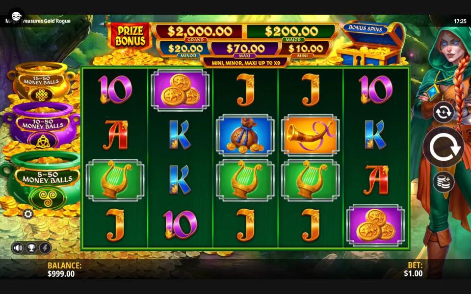 Magic Treasures Gold Rogue base game on a 5x4 grid of card ranks and treasure symbols, with three Money Balls pots down the left and a five-tier prize ladder above the reels.