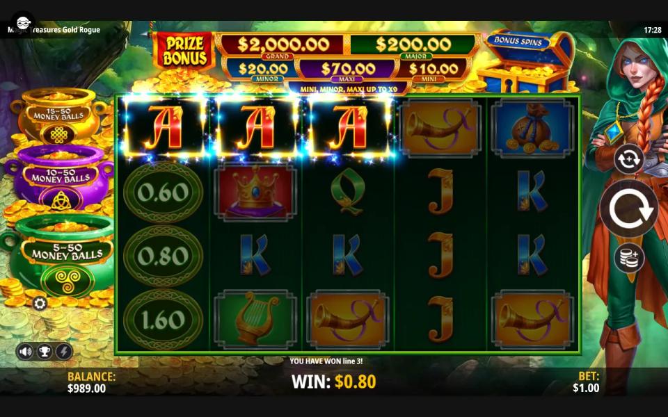 Three aces lit across the top row of the 5x4 grid for a line win, with three uncollected money balls stacked on reel one.