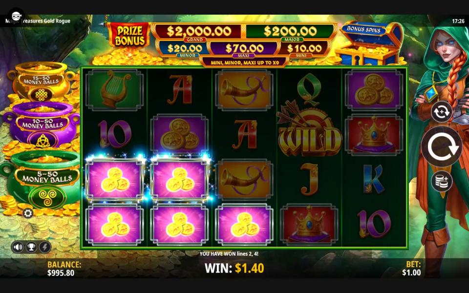 Purple coin symbols lit across two paylines of the 5x4 grid for a win worth about one and a half times the stake, with a wild on reel four.