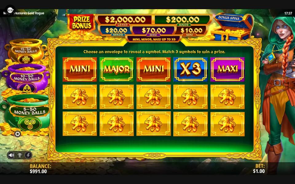 The Prize Bonus picker with Mini, Major, Mini, an x3 multiplier and Maxi revealed, and ten envelopes still closed.
