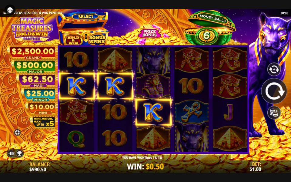 Magic Treasures Hold & Win Panther 5x4 reels paying two lines from three K symbols on the first three reels