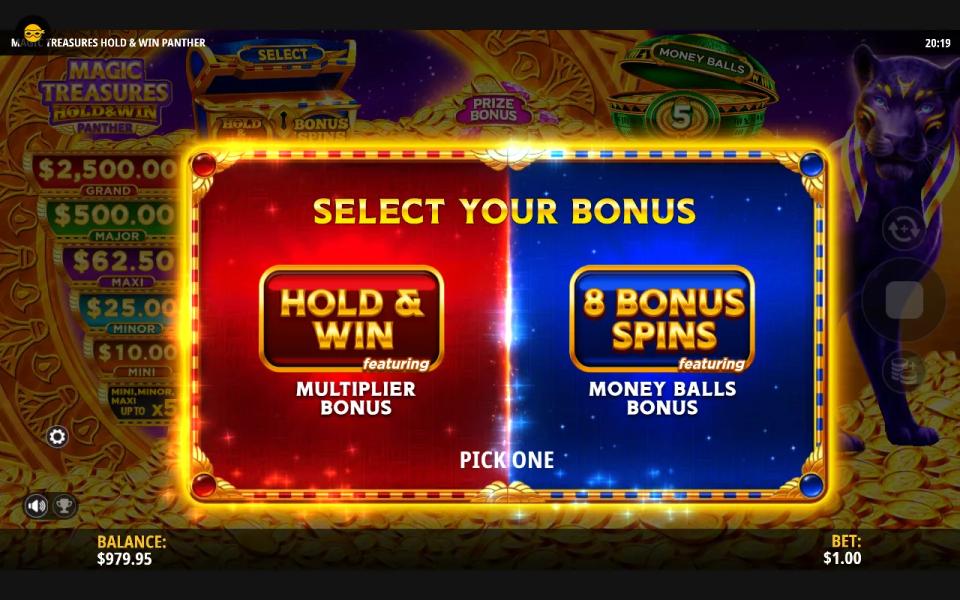 The bonus choice screen offering Hold & Win with the multiplier bonus or eight bonus spins with the money balls bonus