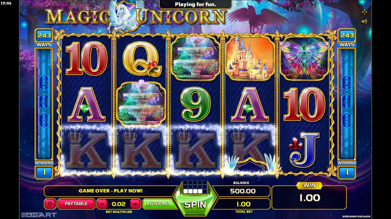 Magic Unicorn slot gameplay showing the 5x3 fairytale grid with a winged unicorn, princess, castle and moon orb across 243 ways