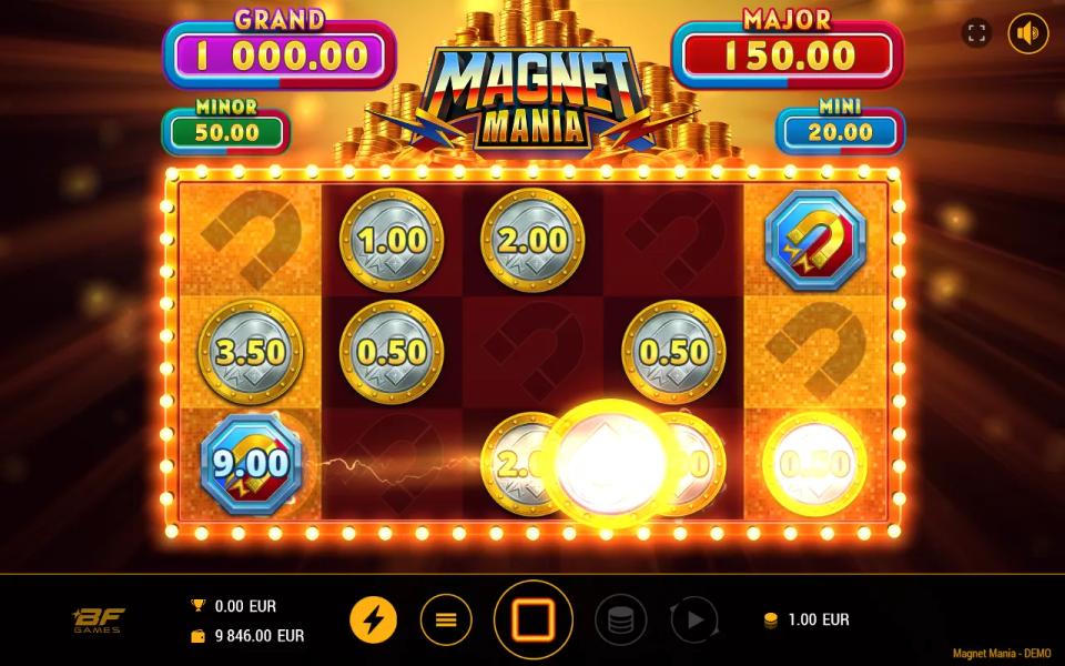 Magnet Mania bonus spin with magnet Collectors on reels 1 and 5 pulling silver coins in across a board of empty magnet cells
