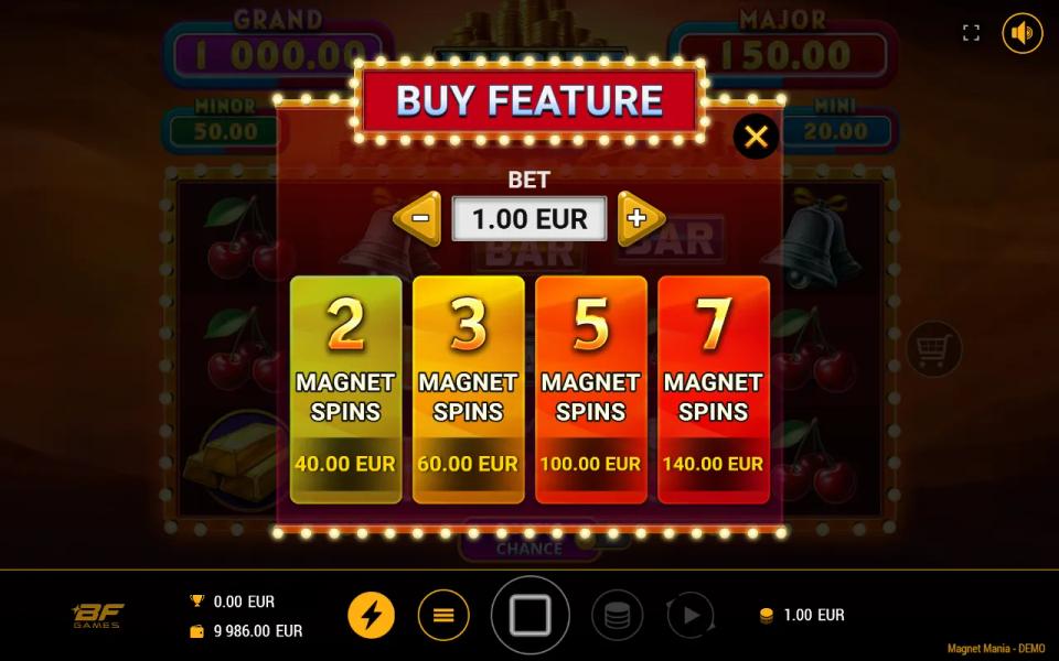 Magnet Mania buy feature menu offering 2, 3, 5 or 7 Magnet Spins for 40, 60, 100 and 140 times the bet