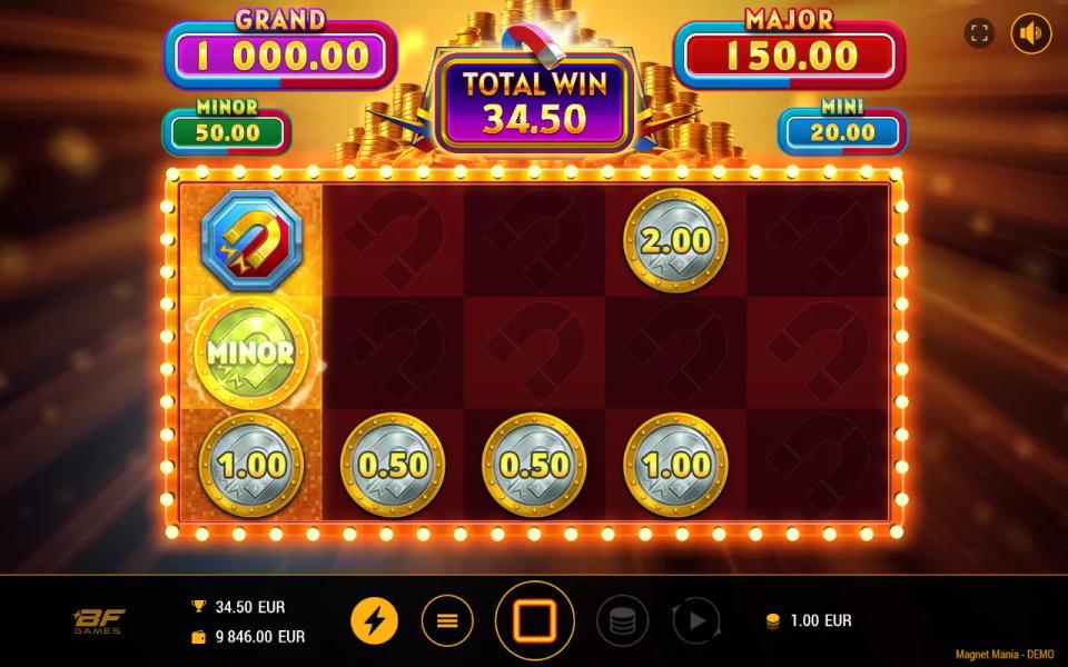 A MINOR reward coin being pulled into the Collector on reel 1 during Magnet Mania's bonus spins