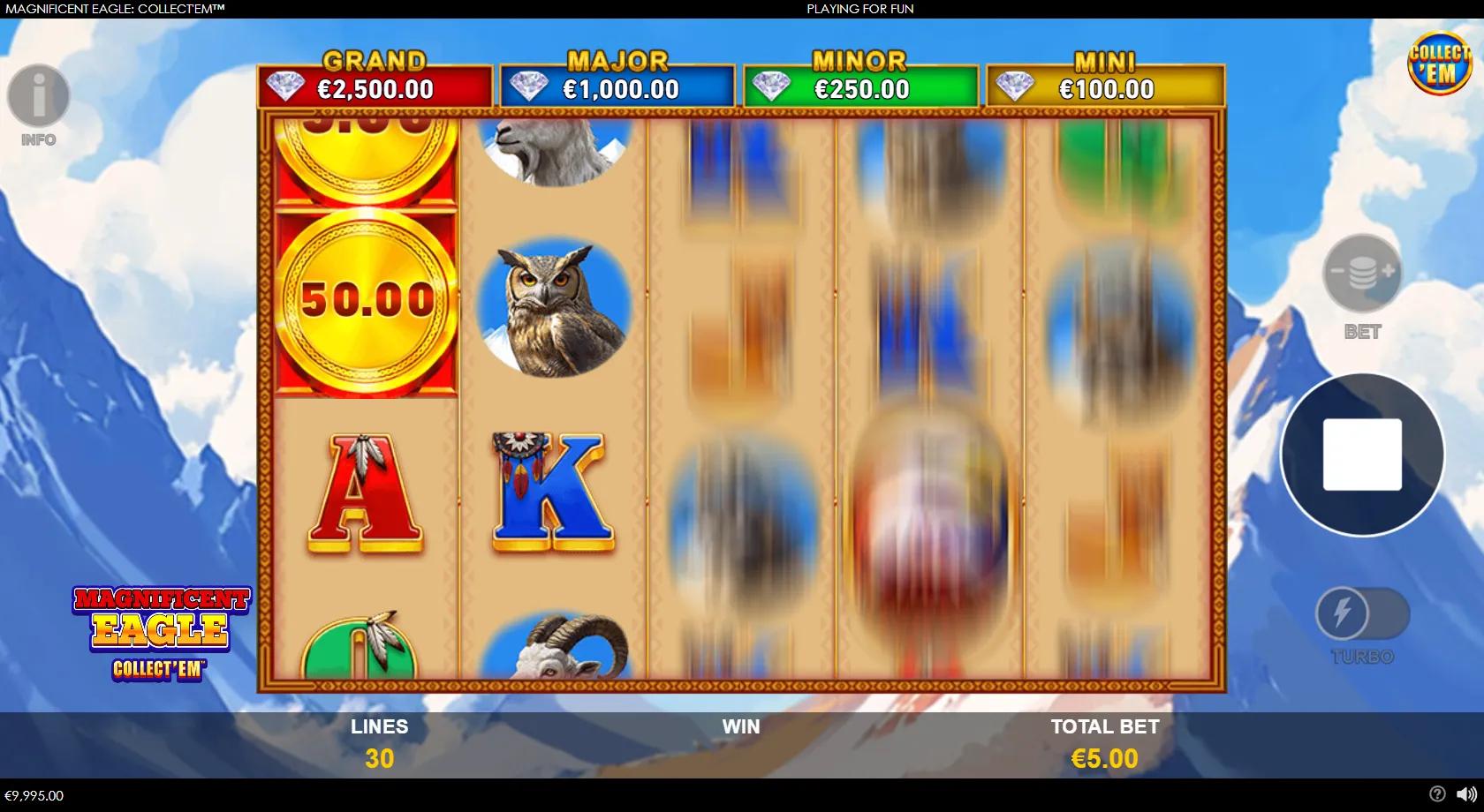 Magnificent Eagle Collect'em slot gameplay showing a 5x3 mountain grid with gold cash coins, an eagle Wild, a Collect'Em symbol and four jackpots