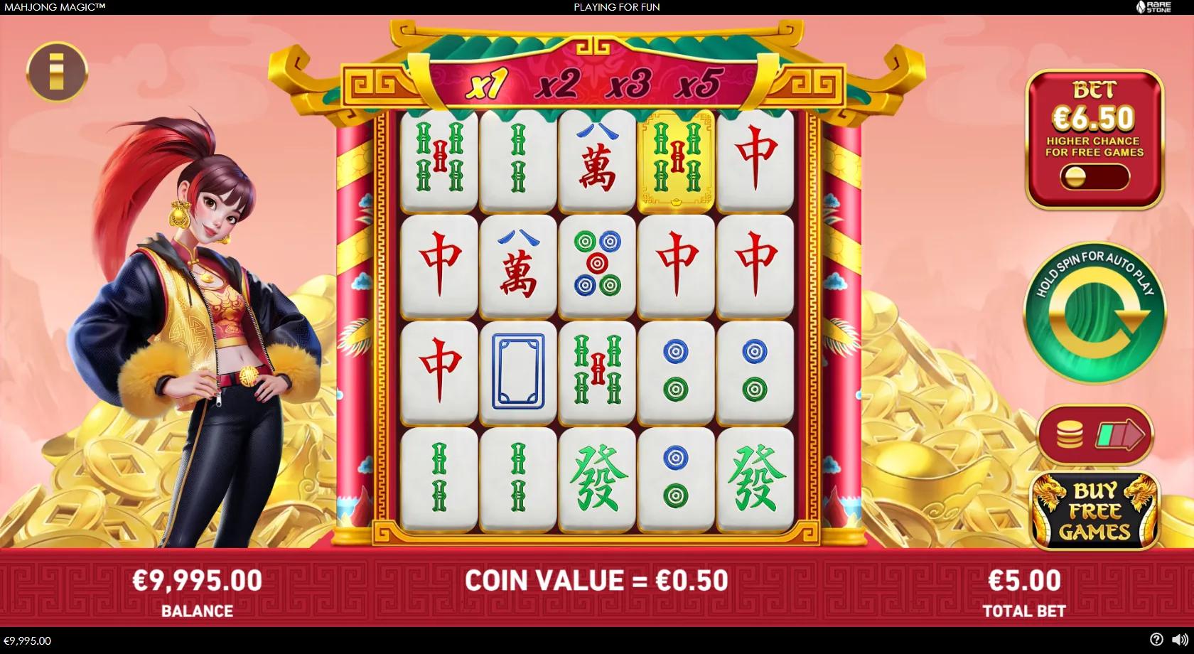Mahjong Magic slot gameplay showing 5x4 mahjong-tile grid with golden Wild and a x1-x5 cascade multiplier trail