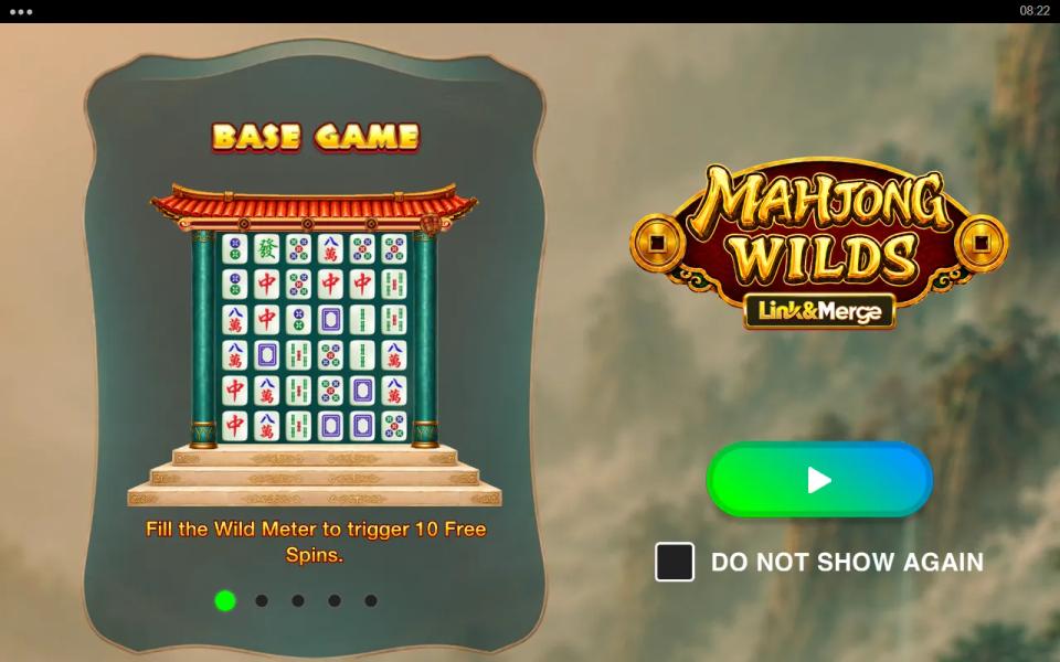 Mahjong Wilds Link&Merge intro card showing a wall of mahjong tiles under a pagoda roof and the line about filling the Wild Meter