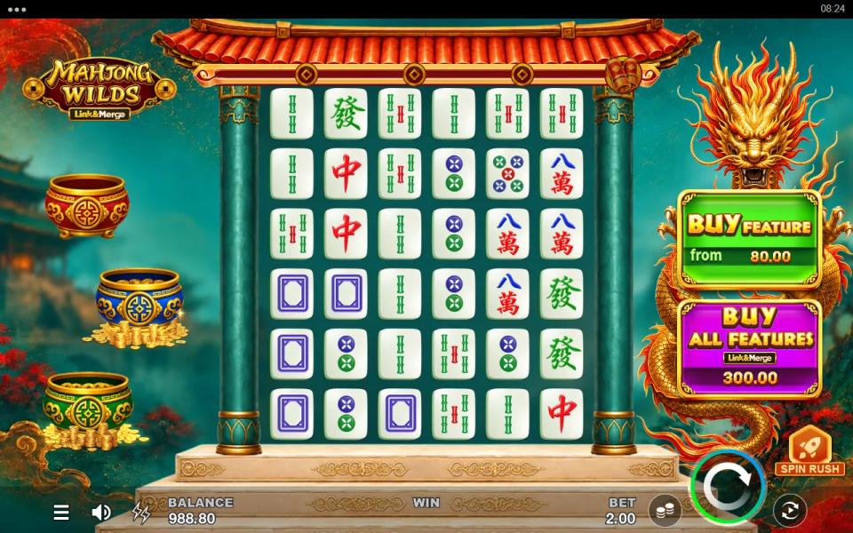 Mahjong Wilds Link&Merge 6x6 tile grid on a losing spin, with the blue and green fortune pots part-filled and the red one empty