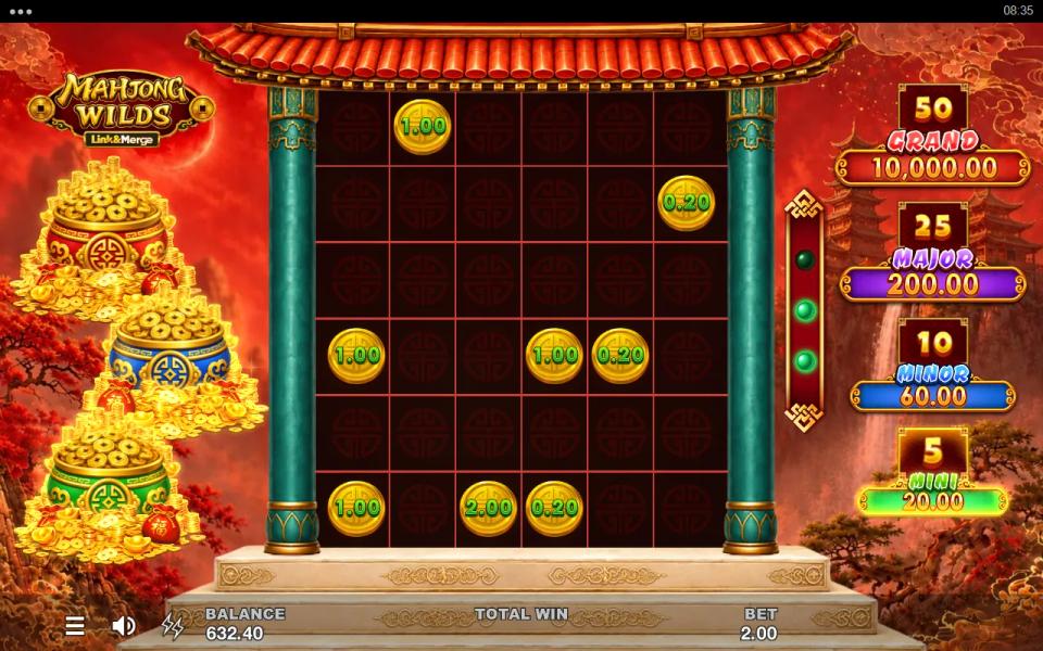Mahjong Wilds Link&Merge bonus board with locked gold coins on a dark lattice and the four-tier jackpot ladder on the right