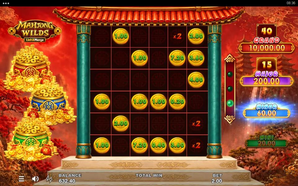 Mahjong Wilds Link&Merge round showing merged coins of 7.20 and 3.60 alongside plain coins, red x2 multiplier cells, and the Minor tier lit