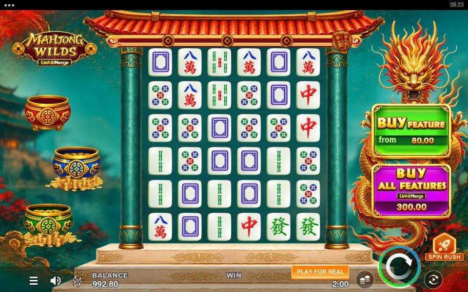 Mahjong Wilds Link&Merge base game with the green Buy Feature panel from 80.00 and the purple Buy All Features panel at 300.00 on the dragon