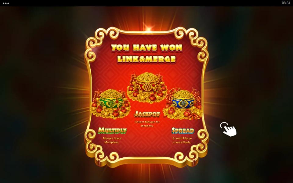 Mahjong Wilds Link&Merge award card naming the three merge outcomes: Jackpot, Multiply and Spread, each with a one-line rule