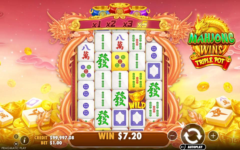 Mahjong Wins Triple Pot 4-5-5-5-4 board paying 7.2x with the base multiplier trail lit at x5 and a gold ingot wild on the fourth reel