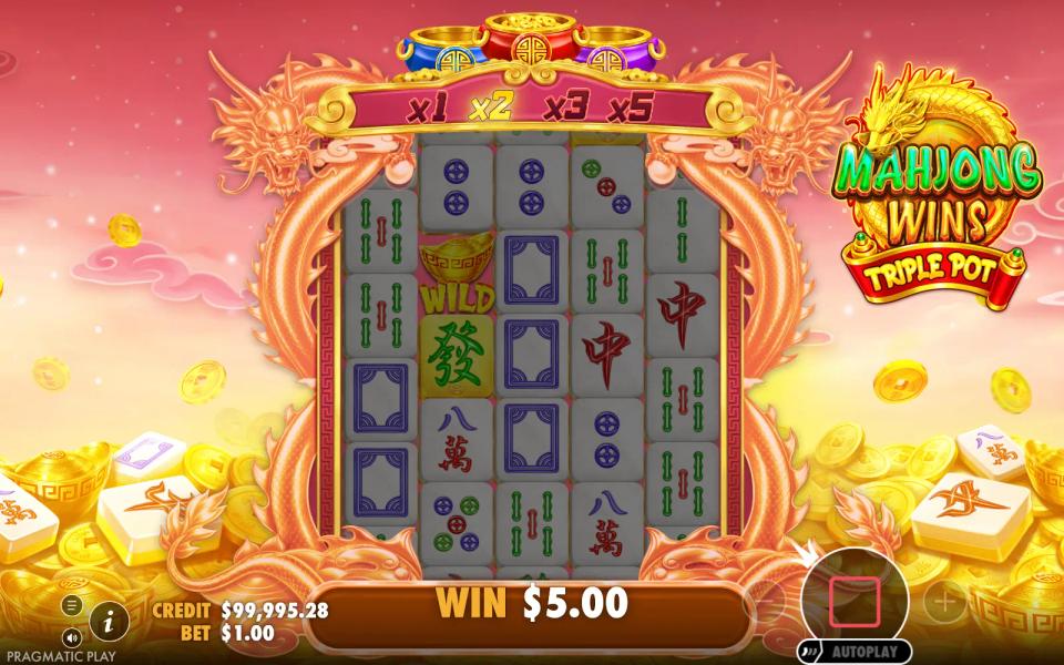 A gold ingot wild sitting directly above the gold-marked mahjong tile it replaced, mid-tumble, on a five dollar win