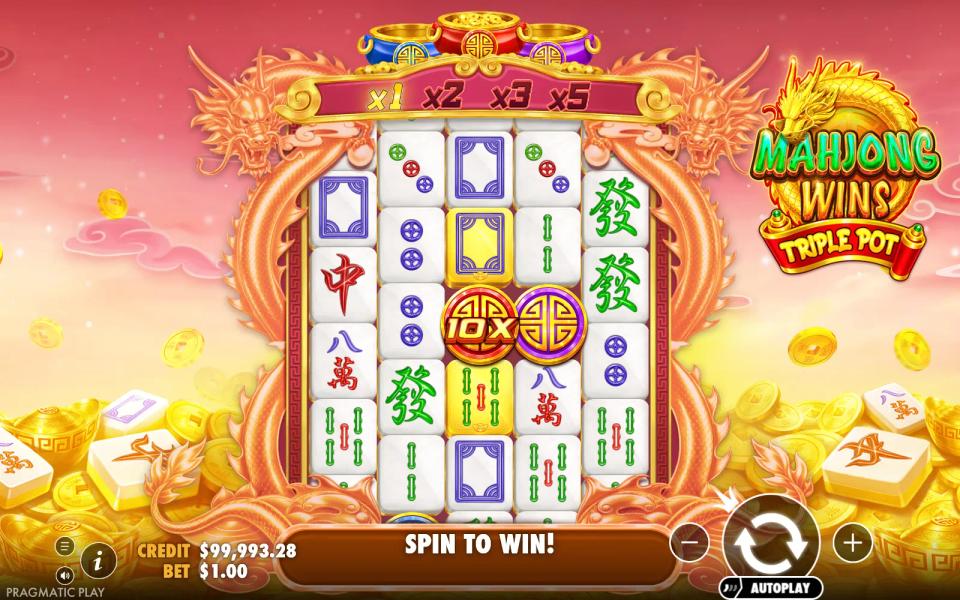 Two bonus coin symbols on the middle reels of Mahjong Wins Triple Pot, the red one showing a 10X value, on a spin that paid nothing