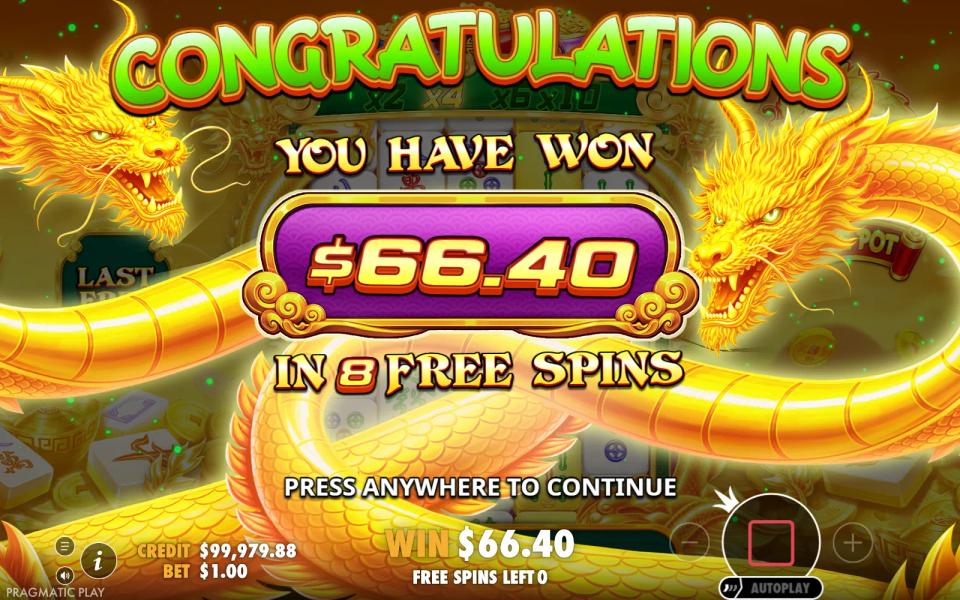 Mahjong Wins Triple Pot free spins completion card reading 66.40 won in 8 free spins